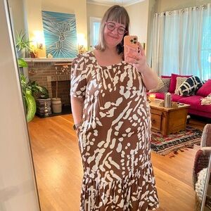 Anthropologie 2X brown + white motif maxi with pockets